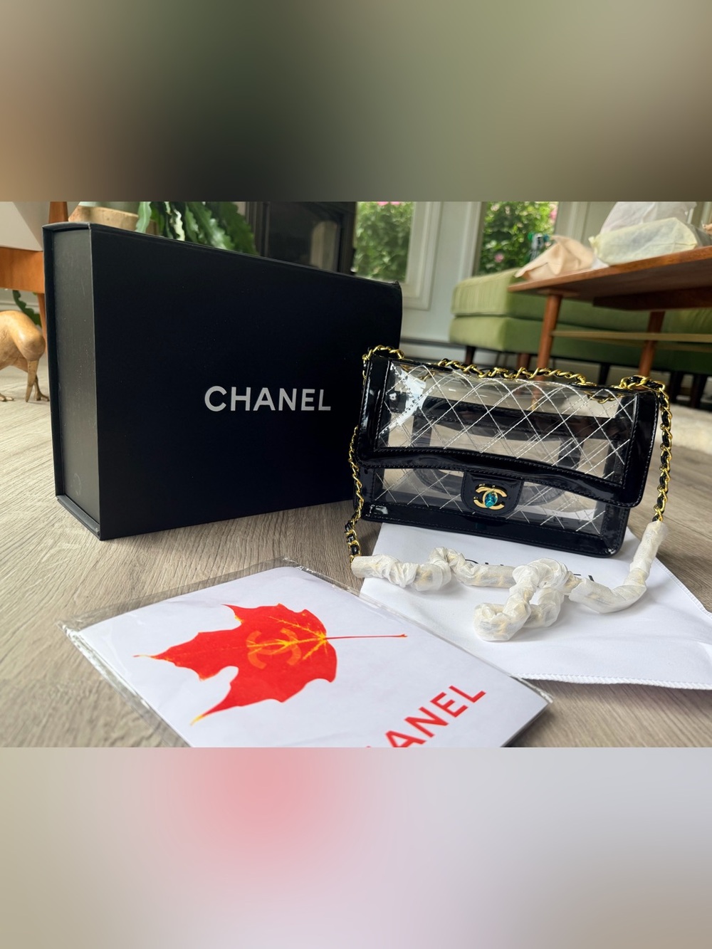 FULL SET Brand NEW Chanel Transparent Bag w Black Patent Leather & Gold Hardware - Picture 2 of 11